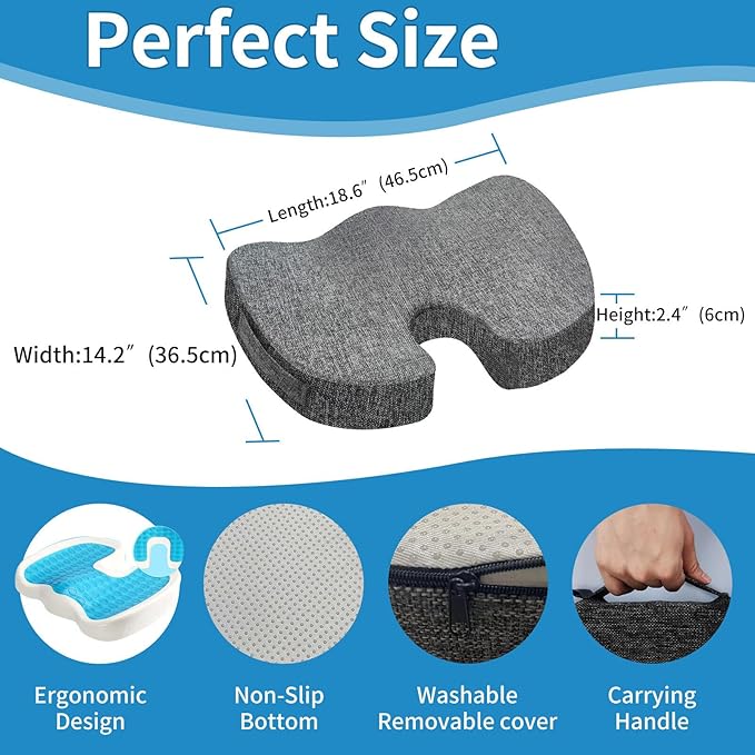 Gel Memory Foam Seat Cushion for Long Sitting with Removable Cover – Cooling Breathable Support for Tailbone, Coccyx, Sciatica, Back Pain Relief - for Office Chairs, Car Seat, Wheelchair (Blue)