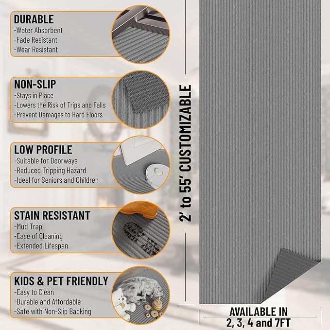Ottomanson 3'11" x 51' Hallway Runner with Scraper Pile - Extra Durable Non-Slip Rug Mat for Indoor & Outdoor Use - Ideal for Kitchen, Entryway & Garage - High-Traffic Carpet, Gray