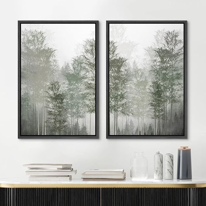 MUDECOR Framed Canvas Print Wall Art Pastel Watercolor Misty Fog Forest Tree Wilderness Nature Illustrations Modern Art Decorative Calm/Relax Multicolor Rustic Minimal for Bedroom - 24"x36"x2 Black