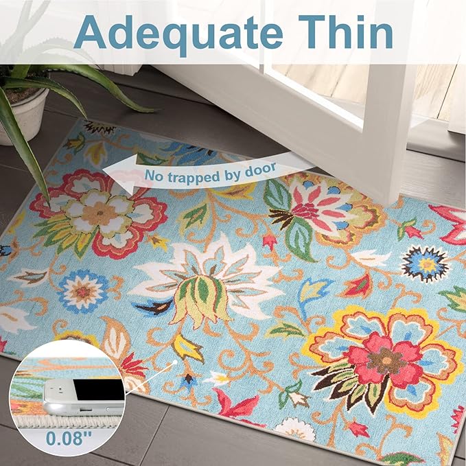 Beeiva Washable Kitchen 2x8 Runner Rug, Colorful Flower Rug Runners for Hallways with Rubber Backing, Floral Plant Non Skid Ultra Thin Carpet for Bathroom(Colorful,2'x8')