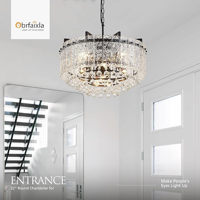 22.2" 10-Light Modern Glass Chandelier Light Fixtures Black 3-Tier Crystal Beads Chandeliers for Dining Room Round Hanging Ceiling Pendant Lighting for Kitchen Island Entryway Foyer Hallway
