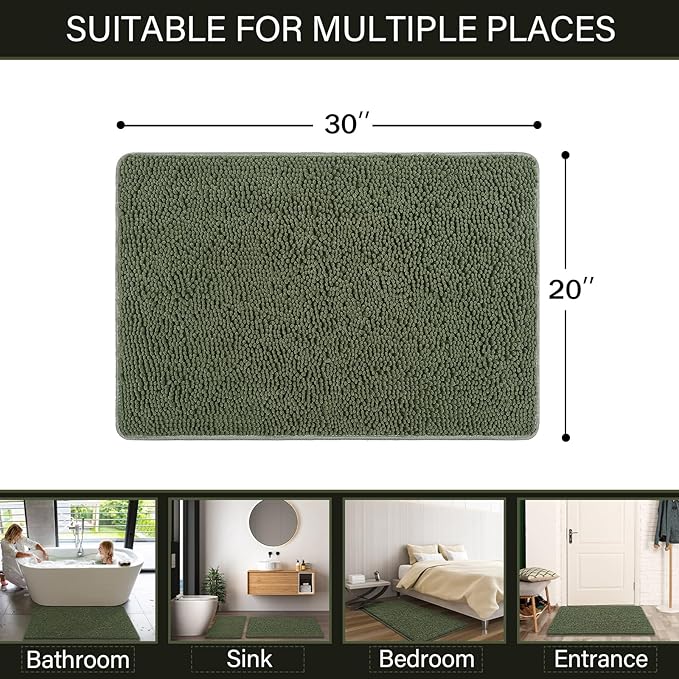 LOCHAS Luxury Bathroom Rug Shaggy Bath Mat 20 x 30 Inch, Washable Non Slip Bath Rugs for Bathroom Shower, Soft Plush Chenille Absorbent Carpets Mats, Olive Green