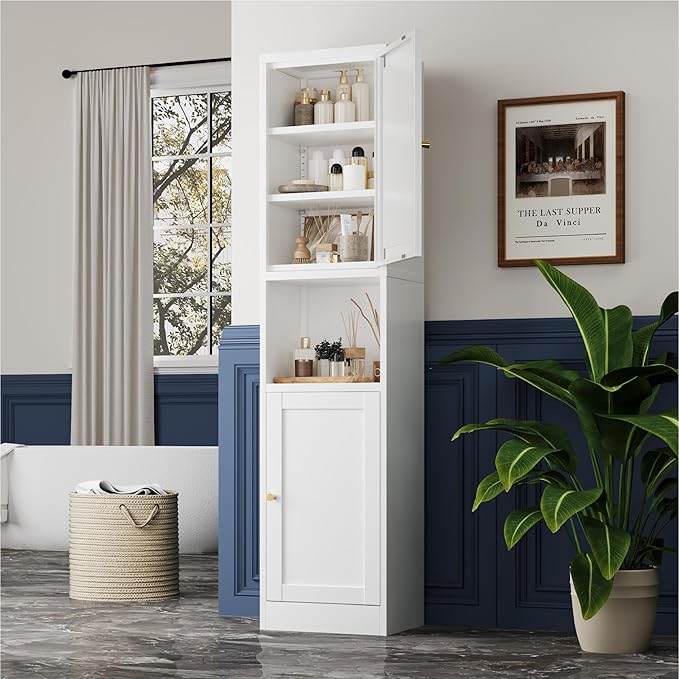 2-Door Metal Storage Cabinet, Tall Slim Pantry Organizer with 3 Adjustable Shelves (120LBS/Shelf), Anti-Tipping Waterproof Cabinet for Bathroom/Kitchen/Home Office/Small Spaces, (1PC,White)