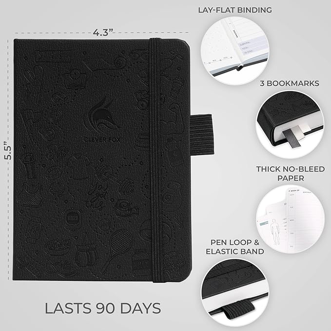 Clever Fox Fitness & Food Journal Pocket – Nutrition & Workout Planner for Women & Men – Diet & Gym Exercise Log Book with Calendars, Diet & Training Trackers – Lasts 3 Months, 4.3x5.5” (Black)