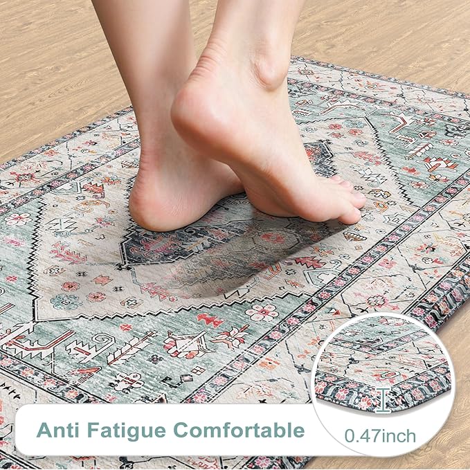 KIMODE Anti Fatigue Kitchen Mats, Boho Distressed Kitchen Rugs 20"x59"+20"x32", Non Slip Waterproof Kitchen Floor Mats, Comfort Foam Mats for Kitchen Floor Sink Laundry Office Desk Blue