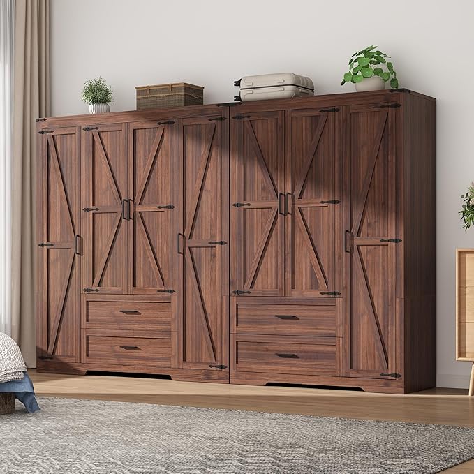 7 Doors Wardrobe Armoire Closet with Doors and Drawers, Farmhouse Wooden Armoire Storage Cabinet with Shelves & Hanging Rod for Bedroom, Brown