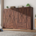 7 Doors Wardrobe Armoire Closet with Doors and Drawers, Farmhouse Wooden Armoire Storage Cabinet with Shelves & Hanging Rod for Bedroom, Brown