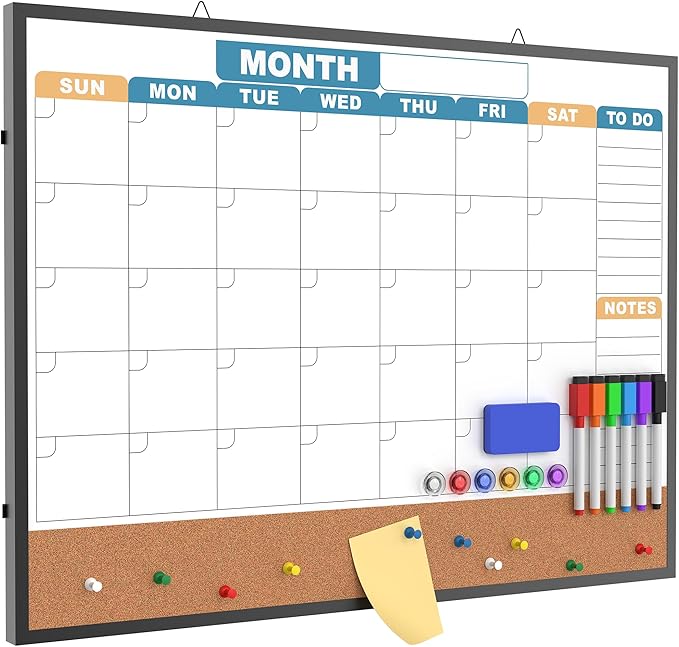 Monthly Calendar Dry Erase Board 24x18 Inch, Double-Sided Whiteboard and Corkboard Combo with Black Aluminum Frame (Color Calendar), Wall Mounted Planner with Marker, Magnet, Push Pin, Eraser