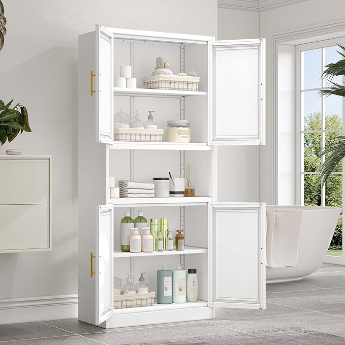 61.02" Kitchen Pantry Cabinet, Large Metal Storage Cabinet with 4 Doors and 1 Open Storage Compartment, Corner Display Organizer with 2 Adjustable Shelves for Kitchen Bedroom or Hallways (White)