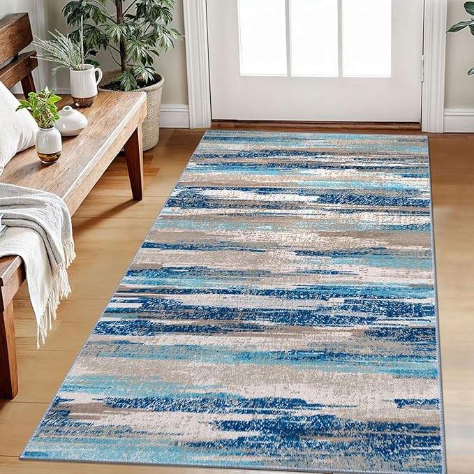 Abstract Area Rug 3x5 Washable Rugs for Entryway, Non Slip Kitchen Rug Printed Faux Wool Throw Rugs, Soft Floor Carpet Front Door Rug, Door Mat for Entry Entrance Bedroom Office, Blue
