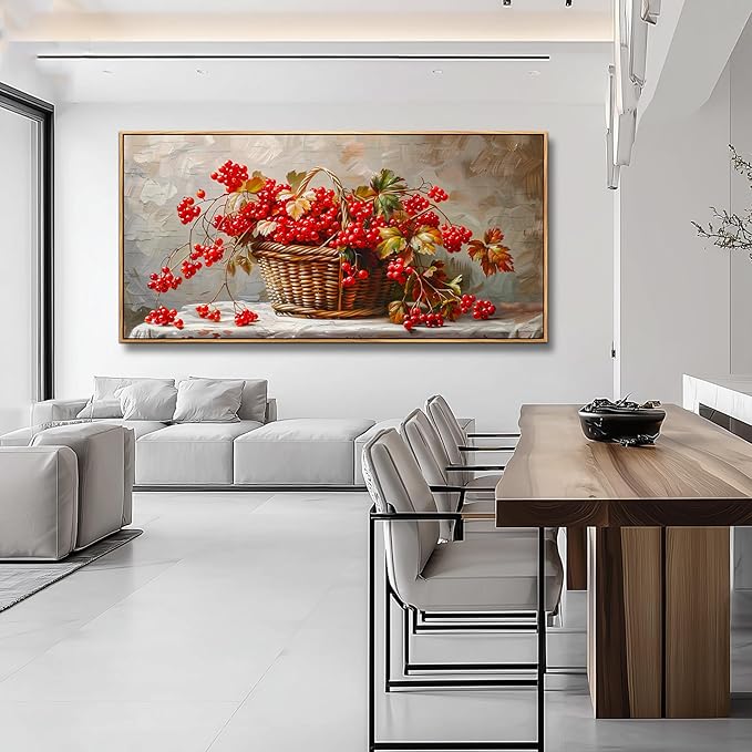 PHAOHUAXM Canvas Wall Art For Living Room Restaurant Wall Decoration For Office Bedroom Bathroom Abstract Red Fruit Mural Wooden Frame Printing Picture Artworks Modern Home Decor Aesthetics 24"X48"
