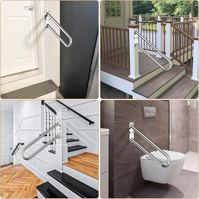 20 inch Stainless Steel Handrail for 1-3 Steps- 1.25" Tube, ZUEXT U Shaped Chrome Safety Grab Bar for Stairs, Wall Mounted Hand Railing for Outdoor Garage Interior Exterior Stairway