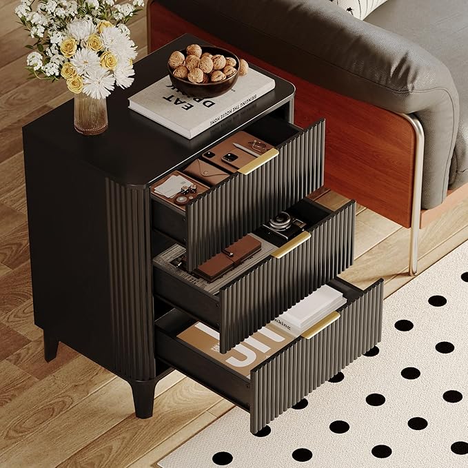 3 Drawer Nightstands Set of 2, 22.6" Mid Century Modern Night Stand, Large 3 Drawers Bedside Table with Quiet Drawers & Metal Handles, Fluted 3-Drawer Dresser Rustic Wood End Table Bedroom Black