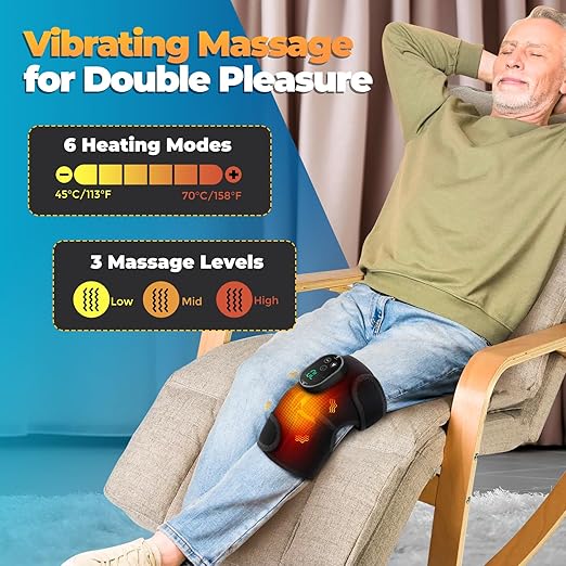 Cordless Heated Knee Massager with Vibration, FSA Eligible, Heated Knee Brace Wrap Heating Shoulder Brace Support Wrap for Knee Elbow, Heating Pad with 6 Heating Levels, 3 Massage Modes&Timer (Black)