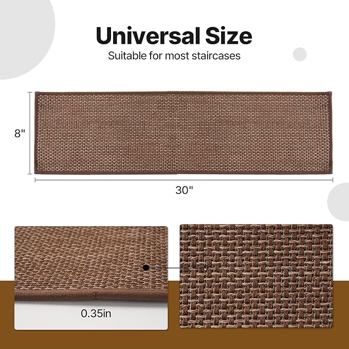 Non Slip Stair Treads for Wooden Stairs Indoor,8" x 30" Staircase Step Treads,100% Linen,Reusable Adhesive,for Kids,Seniors& Dogs(Brown,15 pcs)