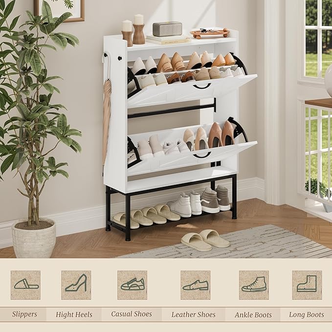 Narrow Shoe Storage Cabinet with 2 Flip Drawers & Adjustable Shelf for Entryway, Freestanding Hidden Slim Shoe Organizer Rack, White