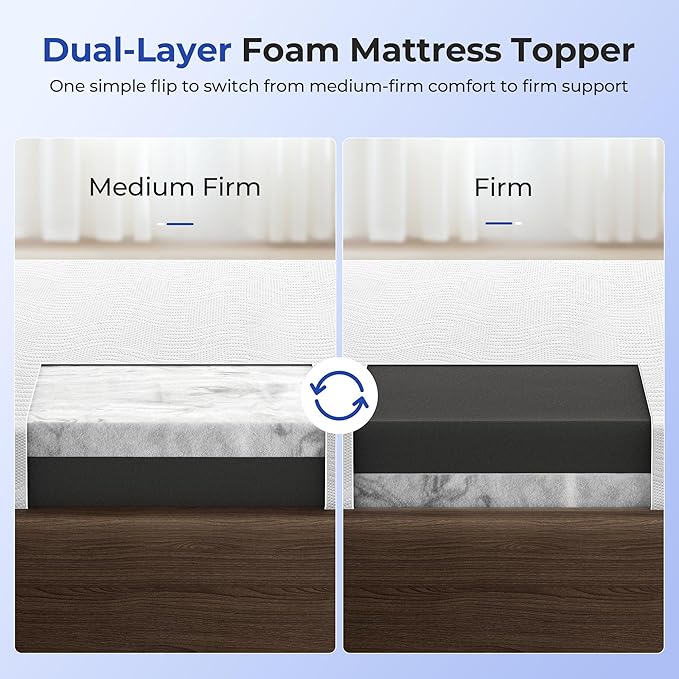 Cooling Mattress Topper King Size 4 Inch, Cooling Gel & Bamboo Charcoal Memory Foam Mattress Topper for Back Pain Relief, Firm Dual-Layer Foam Bed Pad with Removable Cover