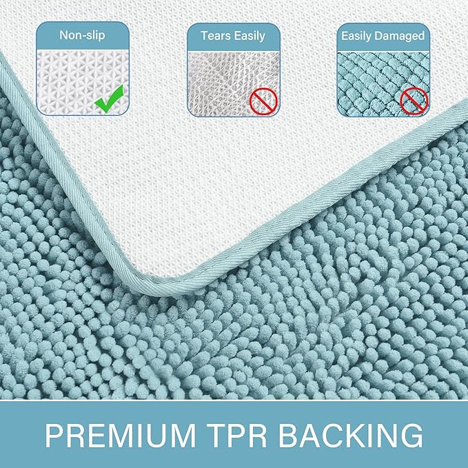 LOCHAS Luxury Bathroom Rug Shaggy Bath Mat 24 x 70 Inch, Washable Non Slip Bath Rugs for Bathroom Shower, Soft Plush Chenille Absorbent Carpets Mats, Spa Blue
