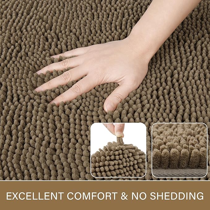LOCHAS Luxury Bathroom Rug Shaggy Bath Mat 24 x 60 Inch, Washable Non Slip Bath Rugs for Bathroom Shower, Soft Plush Chenille Absorbent Carpets Mats, Tan