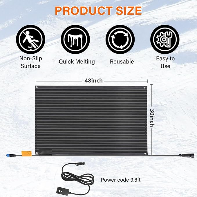 Snow Melting Mats Outdoor 30 x 48 inch, Non-Slip Heated Outdoor Mats 405W 120V, Heated Driveway Mats with UL and ETL Certificate Power Cord, Suitable for Most Entryways