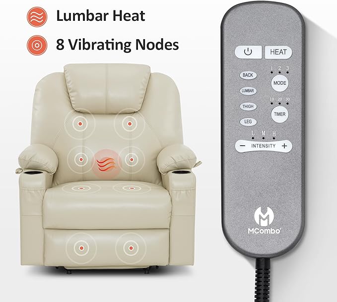 MCombo Extra Wide Power Lift Recliner Chair for Elderly, Lift Chair with Heat and Massage for Big People, USB&Type C Ports, Cup Holders, Faux Leather R7045 (Cream White, Medium-Wide)