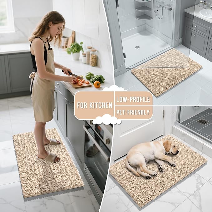 Yimobra Bathroom Rugs Non Slip Washable 32x20 Inch - Ultra Soft Absorbent Chenille Bath Mat, Quick Dry Shaggy Floor Carpet for Tub Shower, Light Brown Home Decor Accessories
