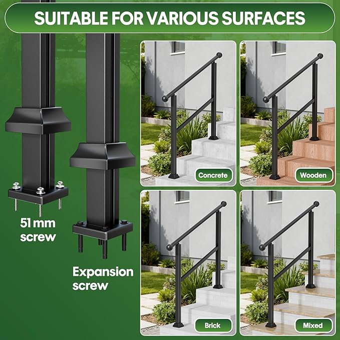 2-Step Outdoor Stair Handrail Kit, Heavy Duty Aluminum Alloy Adjustable Height with Powder Coated Black Metal Finish Complete Installation Hardware & Tools Included for Concrete Porch Deck Brick