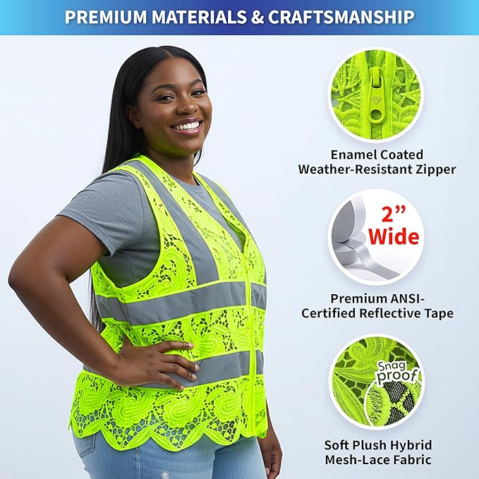 Lace-Mesh Safety Vest for Women & Men - Breathable, High Visibility Vest with Zipper & ANSI Class 2 Reflective Strips