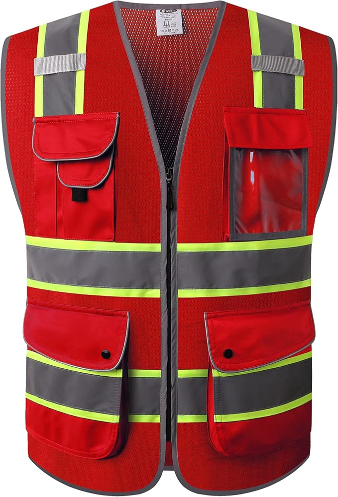 JKSafety 9 Pockets Hi-Vis Neon Red Zipper Front MESH Safety Vest with Fluorescent Yellow Extend Edge outlining the Reflective Tapes Meet ANSI/ISEA Class 2 Standard (100-Red, 3X-Large)