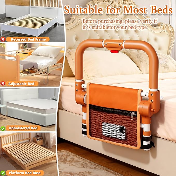 Bed Rails for Elderly Adults Safety, Adjustable Folding Bed Assist Rails for Seniors, Foldable Bed Side Rails with Non-Slip Handle and Storage Pouch, Fits King Queen Full Twin Beds