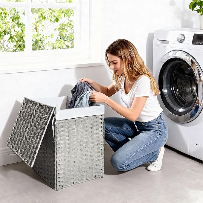 Woven Rattan Laundry Hamper with Lid & Handles,130L Foldable Laundry Basket Includes Machine Washable Removable Liner with 2 Compartments for Storage Basket for Bedroom, Bathroom (Gray)