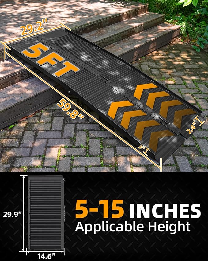 VNN Portable Wheelchair Ramp 5FT, Black Seamless Non-Slip Aluminum Ramps for Wheelchairs for Home, Handicap Wheelchair Ramps for Home Steps, Aluminum Loading Dock Plates