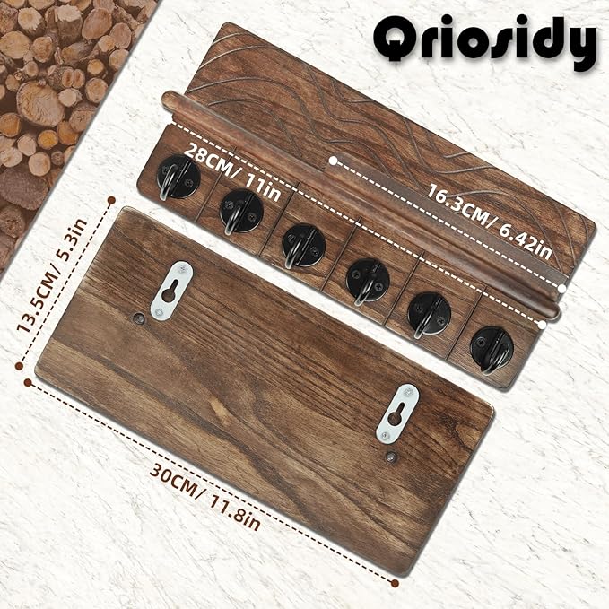 Key Holder Wall Decor-11.8" Solid Ash Wood Entryway Organizer with 6 Hooks & Extra Deep Storage Rack for Key, Mail, Wallet, Leash, Glasses, Hand-Polished & Stained, Easy-Assembly