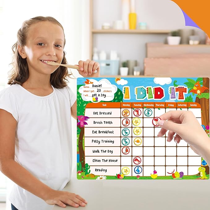 Magnetic Reward Chart, Dry Erase Task Board-One Chart & 72 Magnetic Reward Magnets, Dinosaur Theme Behavior Tracker for Daily Routine, Potty Training