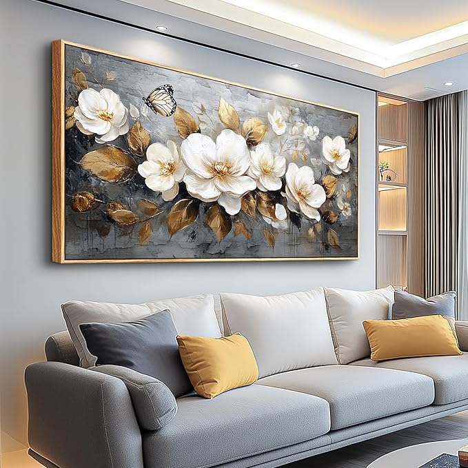 FUHAIHUA Wood Framed Canvas Wall Art For Living Room Large Wall Decor For Office Bedroom Decoration White Flower Pictures Farmhouse Painting Artwork Room Wall Mural Aesthetic Home Decor 30x60
