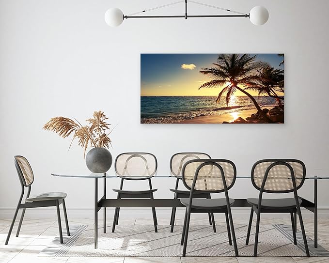 Muolunna S04998 Wall Art Decor Large Canvas Print Picture Sunset Ocean Beach Waves 1 Panel Coconut tree Scenery Painting Artwork for Office Home Decoration Stretched and Framed Ready to Hang