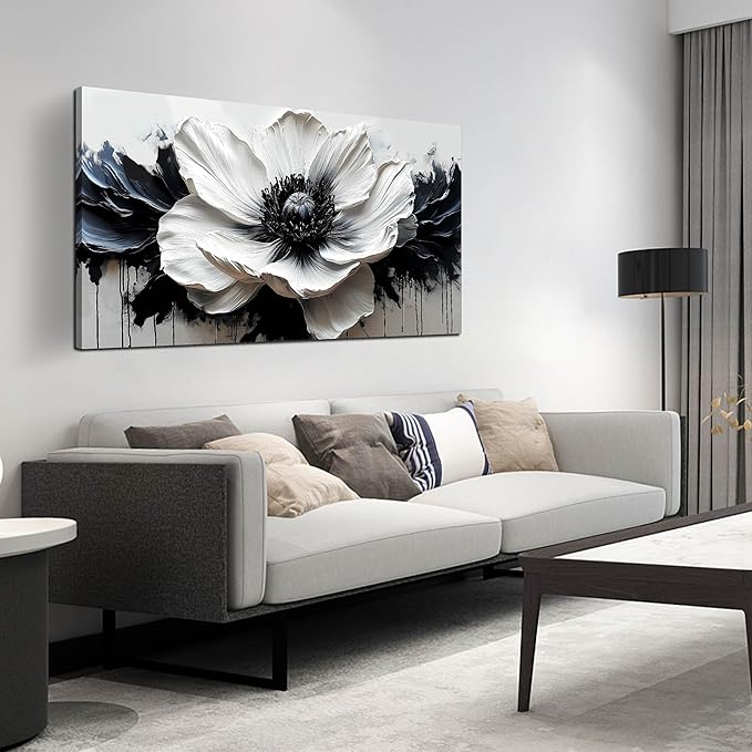 Flower Canvas Wall Decor Living Room - Black and White Pictures Wall Art for Bedroom Women - Fashion Art Wall Decor Office Size 24" x 48"