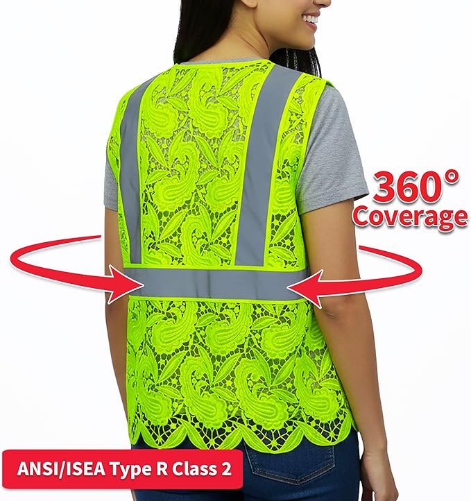 Lace-Mesh Safety Vest for Women & Men - Breathable, High Visibility Vest with Zipper & ANSI Class 2 Reflective Strips