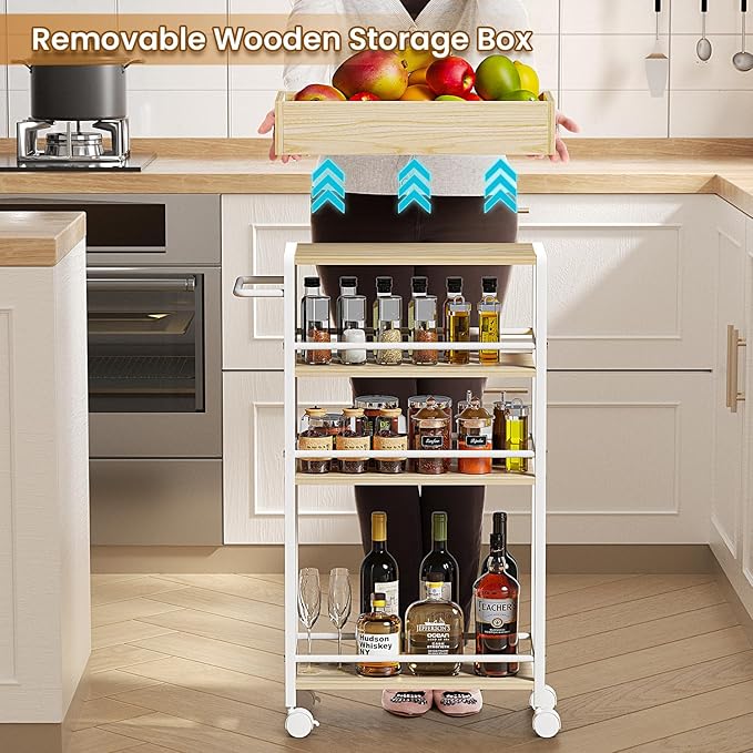 Slim Storage Cart, 4 Tier Rolling Cart with Handle, Kitchen Cart on Wheels, Metal Frame Narrow Cart for Small Spaces for Dining Room, Bathroom, Laundry Room, Office White