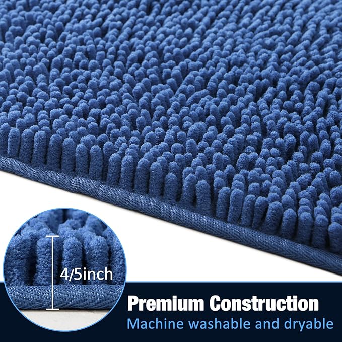 LOCHAS Luxury Bathroom Rug Shaggy Bath Mat 24 x 48 Inch, Washable Non Slip Bath Rugs for Bathroom Shower, Soft Plush Chenille Absorbent Carpets Mats, Blue
