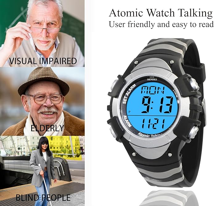 FIVE SENSES Atomic English Talking Watch for Seniors Men and Women Talking with Day-Date Loud Alarm Clock Visually Impaired (Silver)