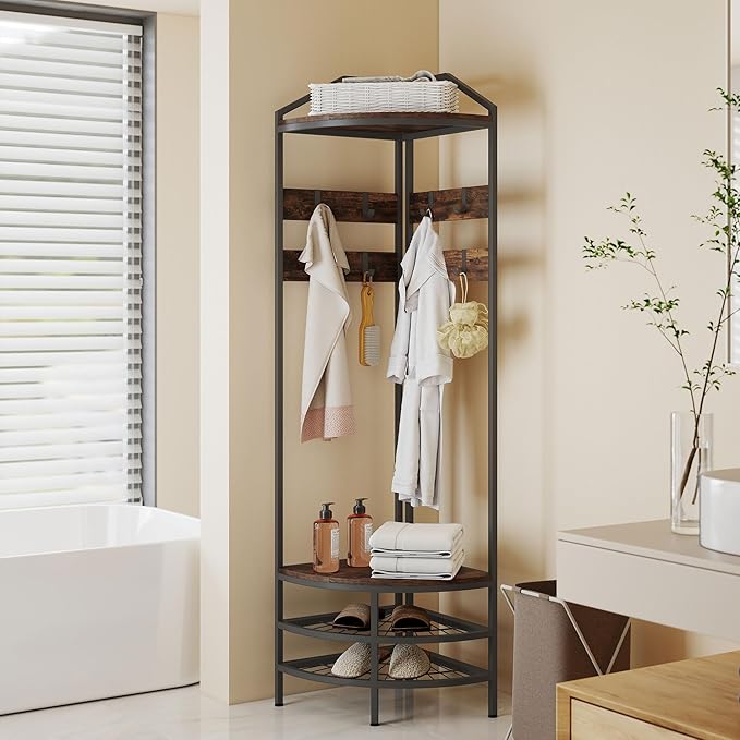 HOMCOM Corner Hall Tree, Industrial 4-Tier Coat Rack with Shoe Storage, 8 Movable Hooks and 2 Storage Shelves, Freestanding Entryway Coat Rack with Steel Frame for Hallway, Rustic Brown