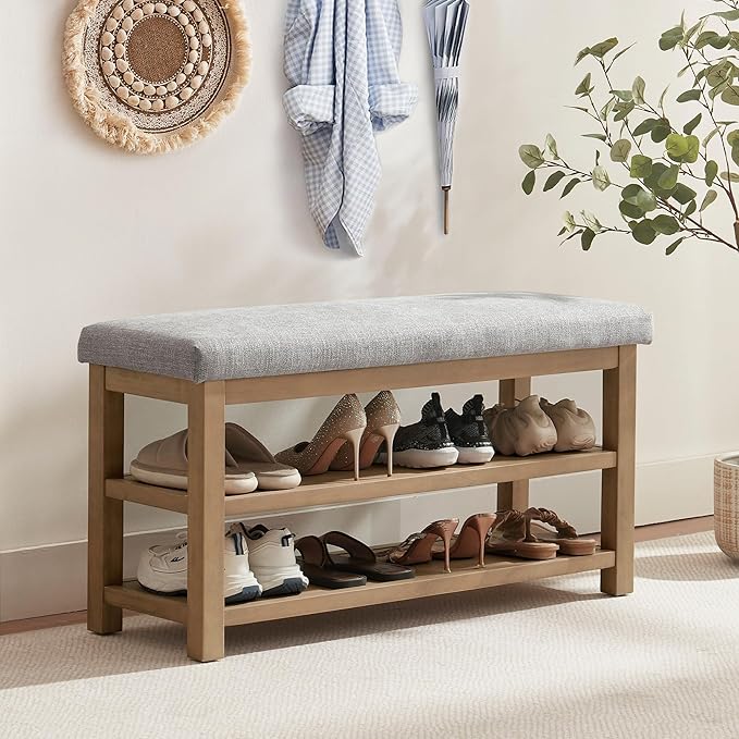 2 Tier Shoe Rack Bench with Cushion, Solid Wood Shoe Benches, Mid-Century Modern Shoe Storage Bench for Entryway, Hallway, Living Room, Closet, Front Door Entrance, (Grey, 39.4")