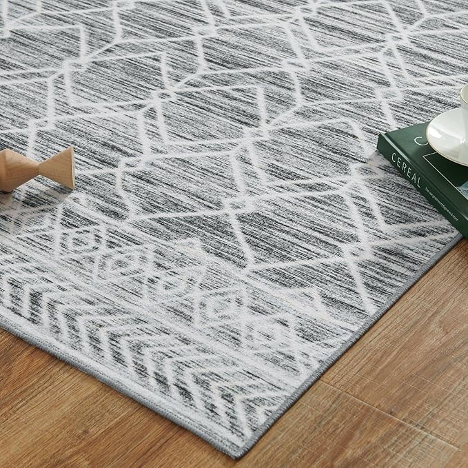 jinchan Moroccan Runner Rug 3x7 - Kitchen Machine Washable Runner Rug Modern Geometric Low-Pile Lightweight Non-Slip Carpet for Entryway Hallway Laundry Room Bedroom Bedside (3x7ft, Grey)