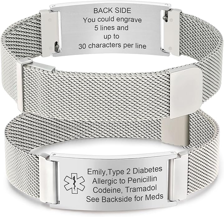 VNOX Medical Alert Id Bracelet for Men Women, Custom Engraving Adjustable Stainless Steel Customizable Mesh Emergency Survival Medic Bracelets Wristband Loop Band with Replacement Tag