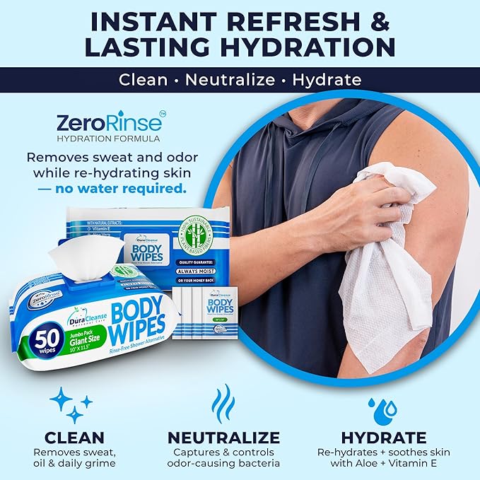 Dura Cleanse Body Wipes for Adults - Everyday Clean (Instant Fresh) - 2 Pack (108 Wipes), XL No-Rinse Bathing Wipes, Disposable Washcloths, Waterless Shower Alternative for Camping & Elderly Care
