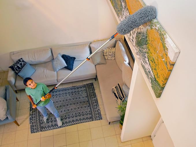 20 Foot High Ceiling Duster Kit and Scrub Brush with 4-12 ft Extension Pole // Telescoping Duster, Window Squeegee and Cobweb Duster with Extension Pole // Interior and Exterior House Cleaning Brushes