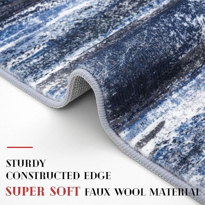 Modern Abstract Runner Rug 2x5, Navy Blue Washable Entryway Kitchen Runner Non-Slip Soft Hallway Rug Runner Thin Print Faux Wool Carpet for Bedroom Laundry Room Indoor