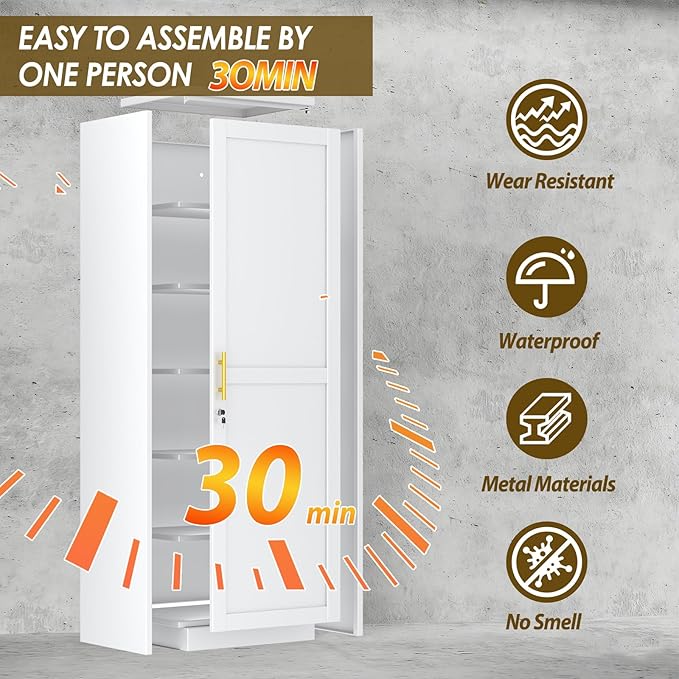 67" Metal Storage Cabinet with Lock, Tall Narrow Office File Cabinets with 5 Adjustable Shelves, Metal Steel Locker for Home, School, Office, Garage or Gym (White)