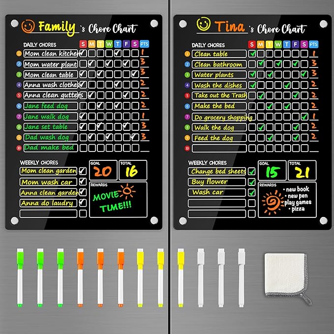 PigPotParty Black Acrylic Magnetic Chore Chart for Multiple Kids, 12"x16" Reward Responsibility Chart, 2 Pcs Daily Weekly Dry Erase Fridge Chore Board Checklist for Teens Adult, w/ 12 Markers & Towel